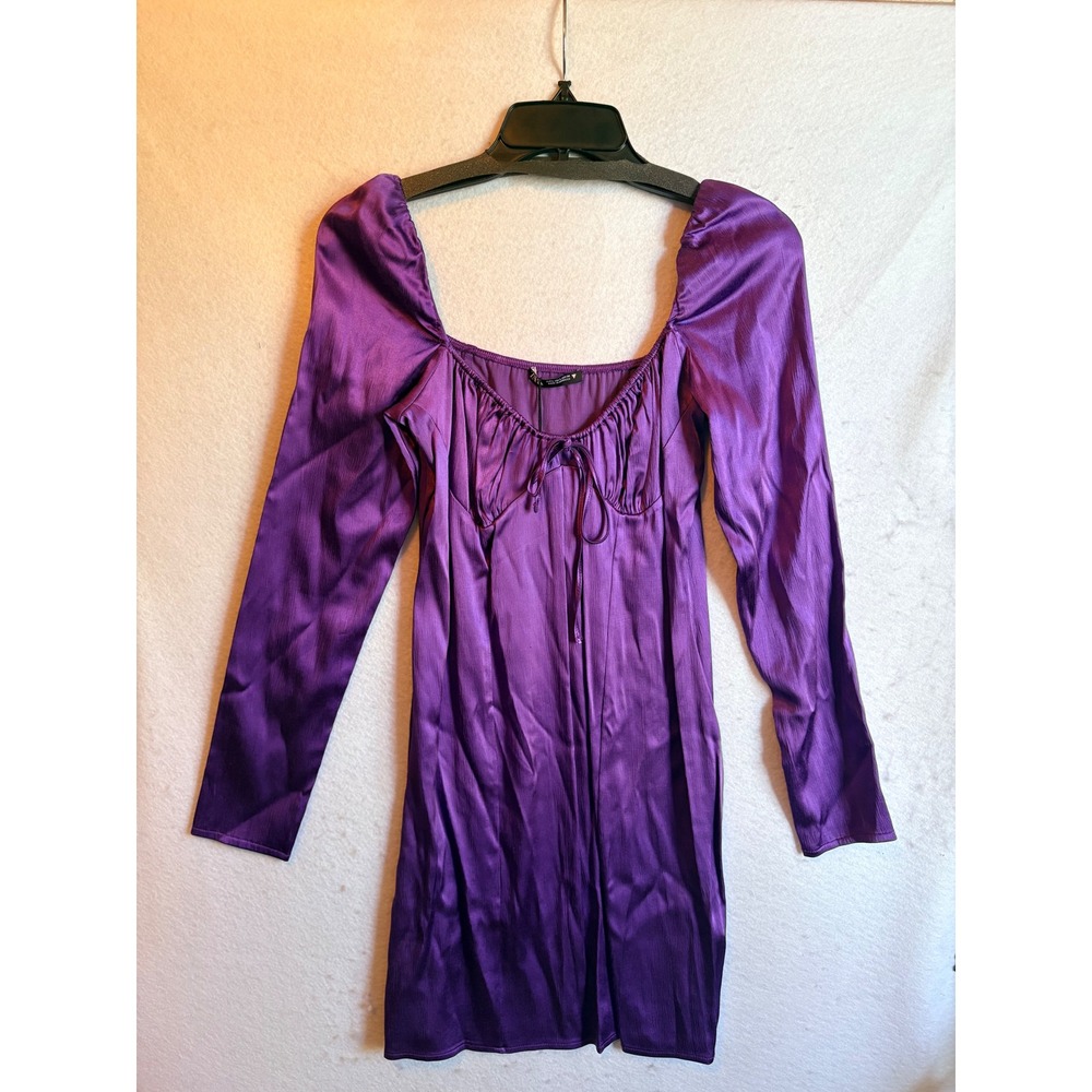 Zara Purple Satin Ruched Mini Dress Long Sleeve Sweetheart Tie NWT Large - Picture 3 of 8